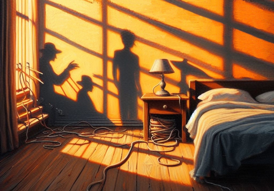 An oil painting of a bedroom with a window and shadows of people on the wall
