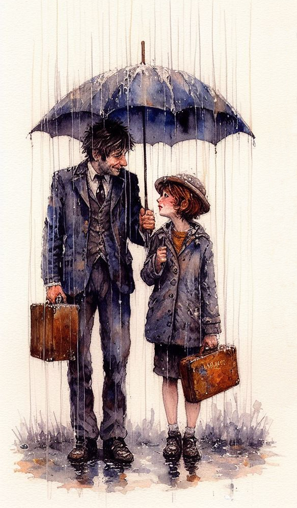 A watercolor picture showing a man and a girl under an umbrella in the rain