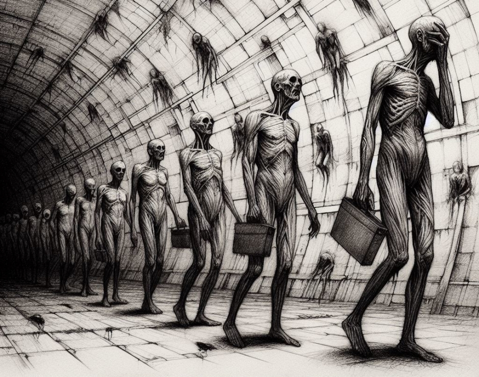 Pencil sketch - skinless men walking in a line